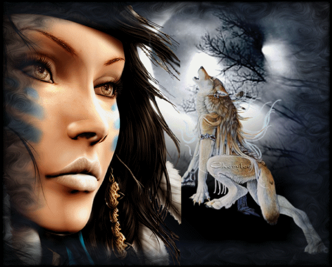 Анимация Грустная девушка на фоне луны и воющего волка, гифка Грустная девушка на фоне луны и воющего волка
