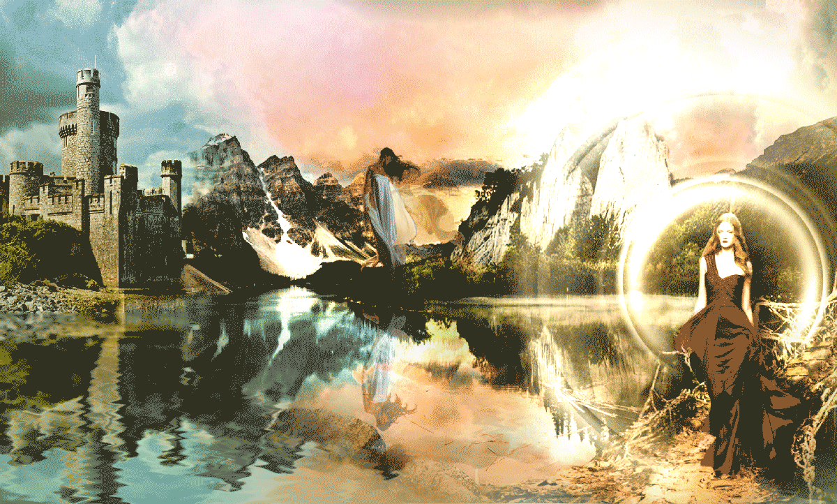 Анимация Пейзаж с озером и замком, открывающийся портал на деревянной тропе, девушки и облака, гифка Пейзаж с озером и замком, открывающийся портал на деревянной тропе, девушки и облака