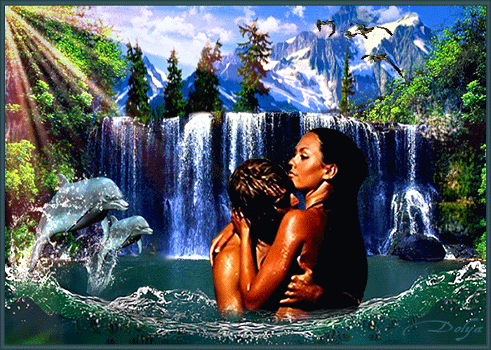 Анимация На фоне неба и гор лес и водопад, в озере дельфины и влюбленные мужчина и девушка, гифка На фоне неба и гор лес и водопад, в озере дельфины и влюбленные мужчина и девушка