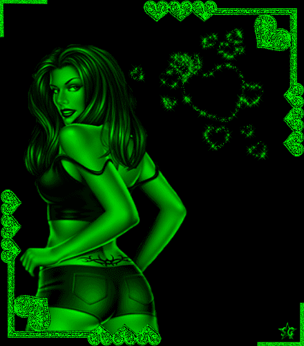 Анимация Девушка на зеленом фоне с сверкающими сердечками, гифка Девушка на зеленом фоне с сверкающими сердечками