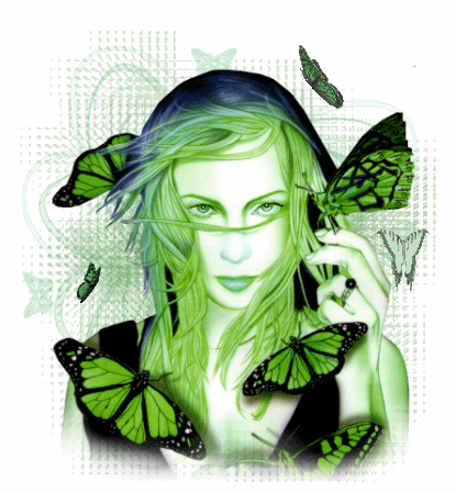 Анимация Девушка с зелеными волосами и зелеными глазами на фоне бабочек, гифка