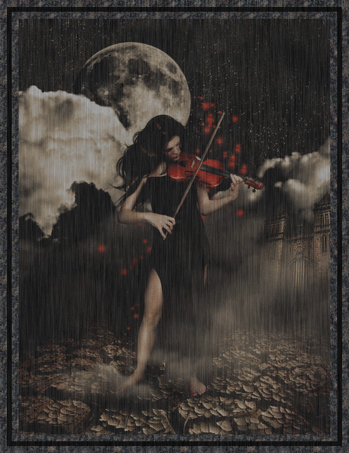 Анимация Девушка скрипачка под дождем на фоне луны и облачного неба играет на скрипке, гифка Девушка скрипачка под дождем на фоне луны и облачного неба играет на скрипке