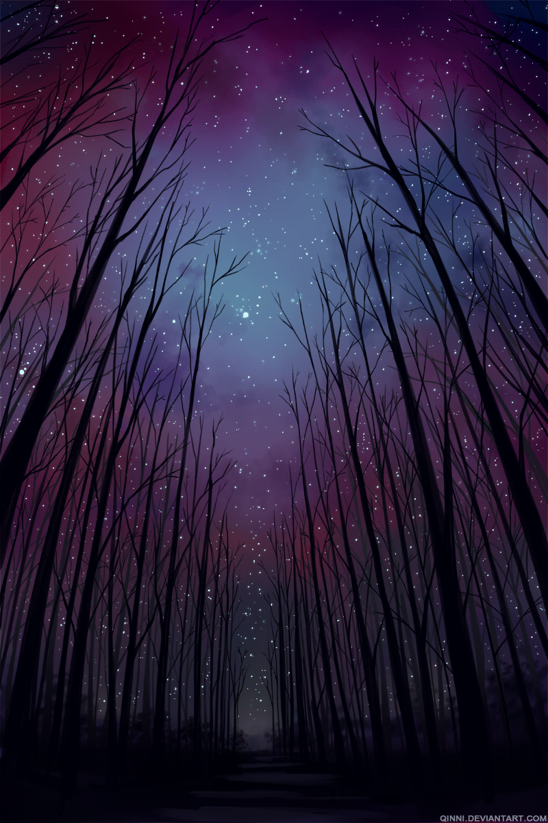 Анимация Домик в магическом освещении в ночном лесу, гифка Домик в магическом освещении в ночном лесу