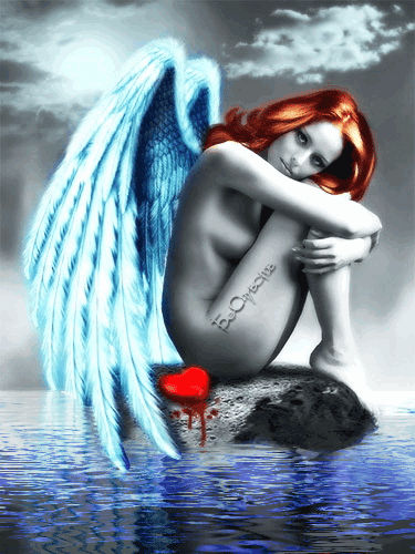 Анимация Девушка - ангел, сидит на камне в окружении воды, рядом сердечко истекающее кровью, гифка Девушка - ангел, сидит на камне в окружении воды, рядом сердечко истекающее кровью