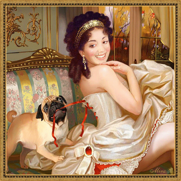Анимация Ретро девушка в бальном платье на фоне собачка, а за окном осень//МИРА /, гифка