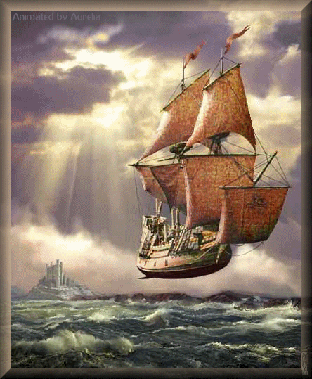 Анимация Летающий корабль-призрак, на фоне пенящегося моря, гифка Летающий корабль-призрак, на фоне пенящегося моря
