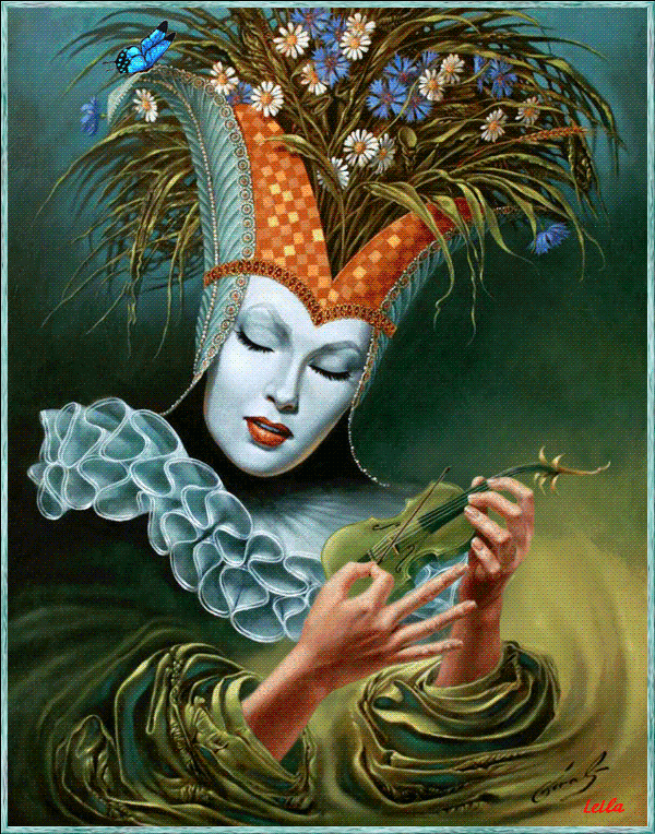 Анимация Фантастическая девушка с цветами на голове играет на скрипке на фоне бабочка и стрекозаLEILa/, гифка Фантастическая девушка с цветами на голове играет на скрипке на фоне бабочка и стрекозаLEILa/