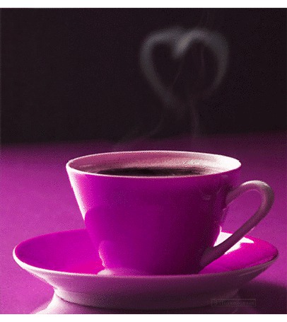 Анимация На столе стоит сиреневое блюдце и чашка с горячим кофе, от которого идет пар в виде сердечка