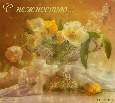 Анимация Тюльпаны в вазе на белом шелке с бабочками (С нежностью.) Marina