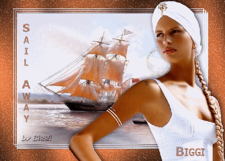 Анимация Девушка, с косичкой на фоне моря в чалме, BIGGI,