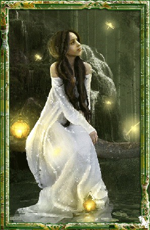 Анимация Девушка в белом сидит на фоне деревьев и смотрит на стрекозок рядом и под ногами фонари