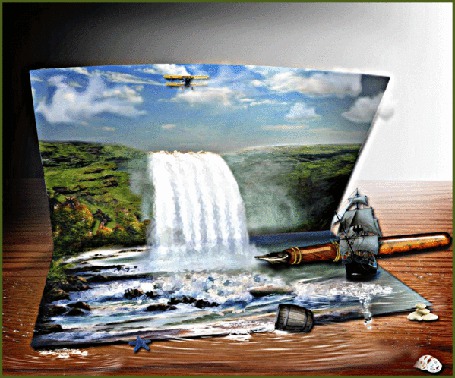 Анимация Водопад на фоне неба, самолета, ручки, кораблика
