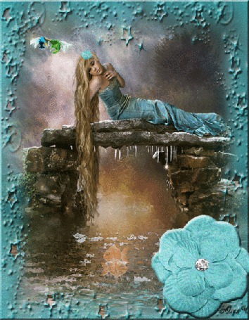 Анимация Девушка с длинными волосами сидит над речкой на фоне птички, цветы и рыбка