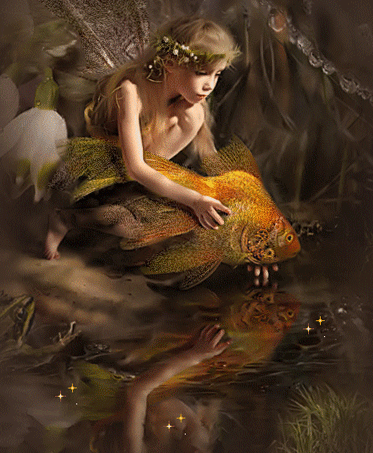 Анимация Девочка эльф отпускает золотую рыбку в воду, гифка Девочка эльф отпускает золотую рыбку в воду