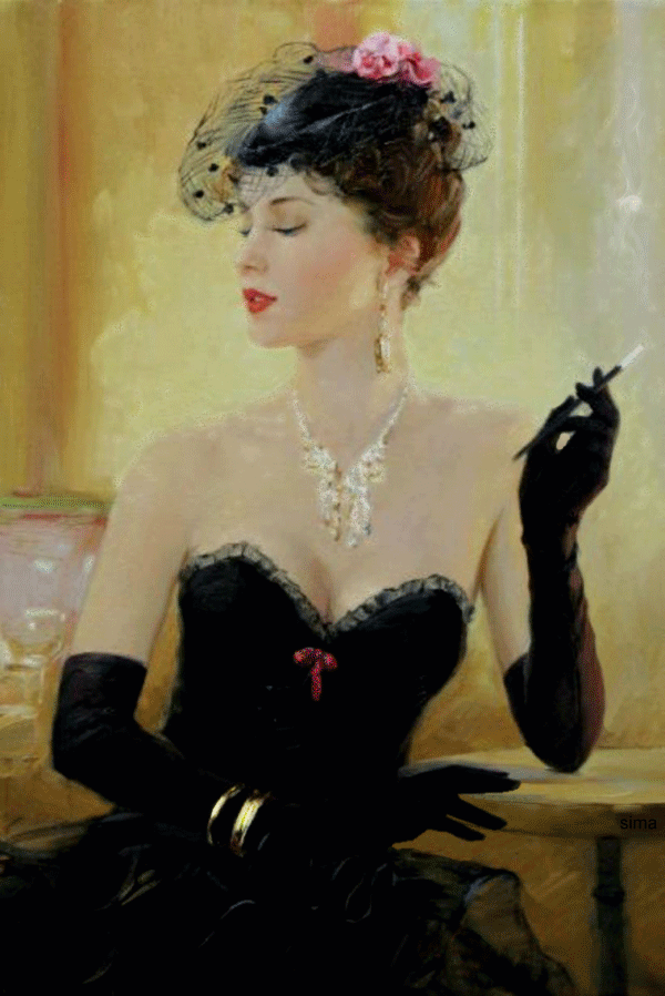 Анимация Ретро девушка в черном платье и черных перчатках с украшениями и сигаретой в руках, гифка Ретро девушка в черном платье и черных перчатках с украшениями и сигаретой в руках