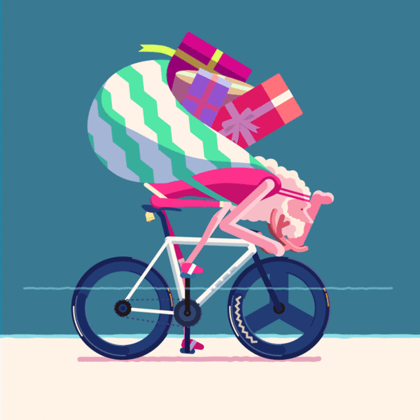 Анимация Летний Санта мчится с подарками на велосипеде, гифка Летний Санта мчится с подарками на велосипеде