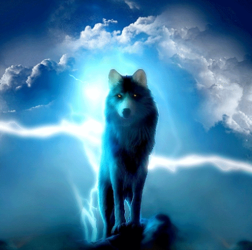 Анимация Волк стоит на горе на фоне сверкающих молний, гифка Волк стоит на горе на фоне сверкающих молний