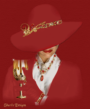 Анимация Девушка в красной шляпе и красном костюме с украшениями держит в руке бокал, Sharis Designs, гифка Девушка в красной шляпе и красном костюме с украшениями держит в руке бокал, Sharis Designs