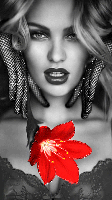 Гиф анимация Красивая девушка в ажурных перчатках на фоне красного цветка