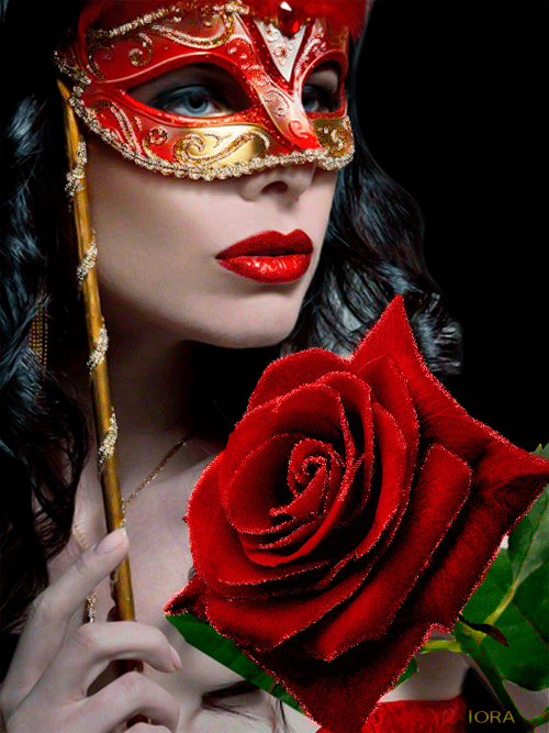 Анимация Красивая голубоглазая девушка с ярко накрашенными губами в маске на фоне розы, ЛОРА, гифка Красивая голубоглазая девушка с ярко накрашенными губами в маске на фоне розы, ЛОРА