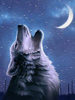 Анимация Волк воет на фоне неба и луны, гифка Волк воет на фоне неба и луны