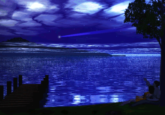 Анимация Влюбленная парочка сидит под деревом на фоне ночного неба и моря, наблюдая за падающей звездой, гифка Влюбленная парочка сидит под деревом на фоне ночного неба и моря, наблюдая за падающей звездой