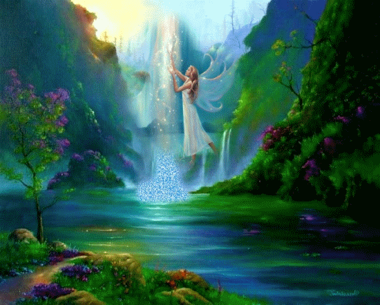 Анимация Фея излучает свет водопада среди гор, цветов и реки, Tara, гифка Фея излучает свет водопада среди гор, цветов и реки, Tara