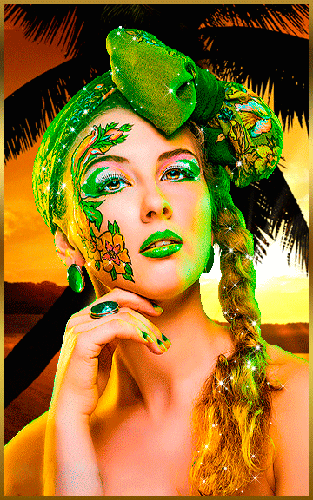 Анимация Гламурная девушка с бантом на голове на фоне пальмы, гифка