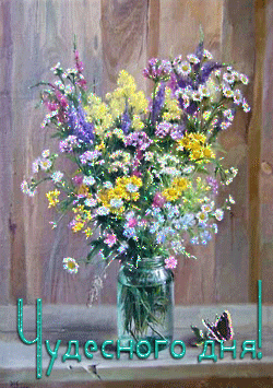 Анимация Красивый букет цветов в банке на фоне бабочки (Чудесного дня!), гифка Красивый букет цветов в банке на фоне бабочки (Чудесного дня!)