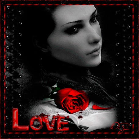 Анимация Грустная девушка на темном фоне с книгой и красной розой (LOVE)