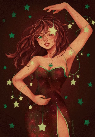 Анимация Witch of Space Jade Harley / Ведьма Пространства Джейд Харли из вэб-комикса Хоумстак / Homestuck в платье с гирляндой из сияющих звезд, арт / art by thiefofstars