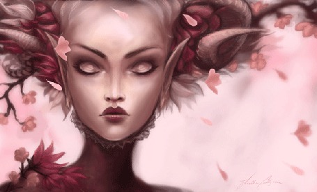 Анимация Девушка с рогами стоит под падающими листьями, by hcullymore