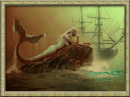 Анимация Русалка лежит на камнях на фоне моря и корабля