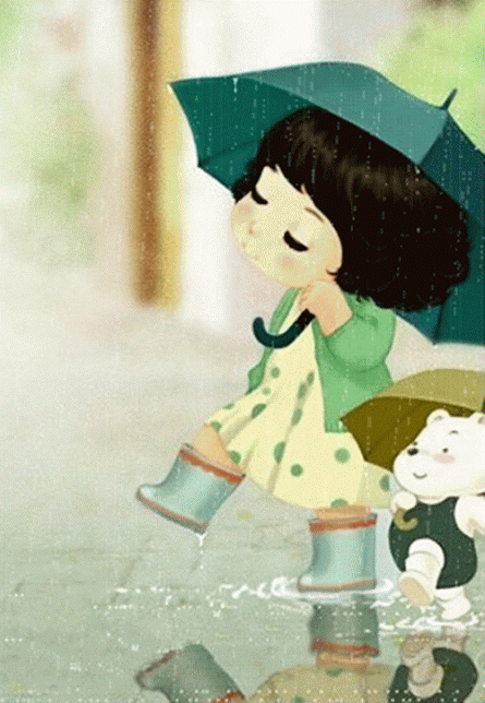 Анимация Малышка и медвежонок гуляют под дождем по лужам, гифка Малышка и медвежонок гуляют под дождем по лужам