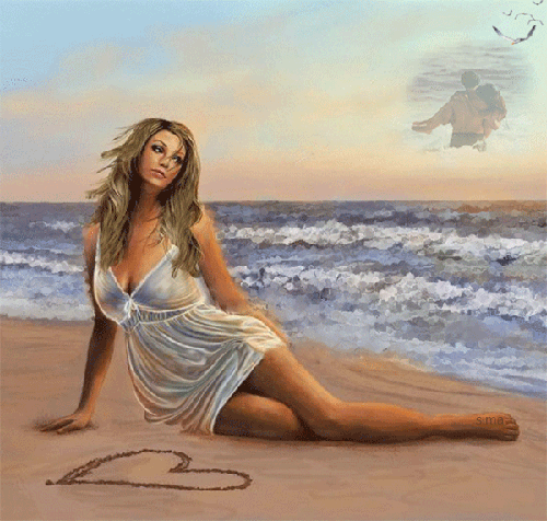 Анимация Девушка сидит на берегу моря и вспоминает своего любимого, гифка Девушка сидит на берегу моря и вспоминает своего любимого