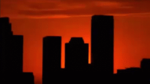 Анимация Восход солнца над городскими небоскребами, гифка Восход солнца над городскими небоскребами