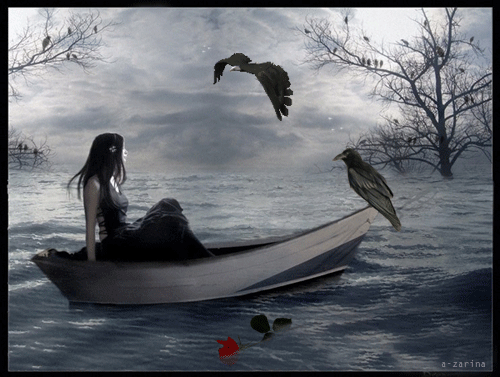 Анимация Лодка покачивается на волнах, в ней сидит девушка, ее окружают птицы, рядом с лодкой плавает роза, ее пытается схватить рука / а-zarina/, гифка Лодка покачивается на волнах, в ней сидит девушка, ее окружают птицы, рядом с лодкой плавает роза, ее пытается схватить рука / а-zarina/