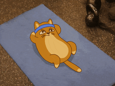 Анимация Кошка занимается спортом на ковре для йоги, гифка