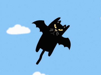 Анимация Черный кот и крыльями летит среди облаков, гифка Черный кот и крыльями летит среди облаков