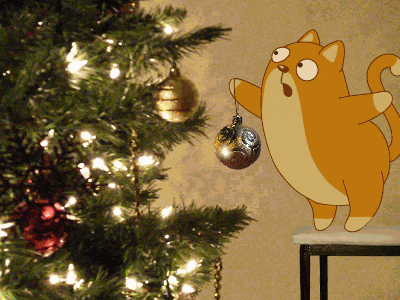 Анимация Кот наряжает новогоднюю елку, гифка Кот наряжает новогоднюю елку
