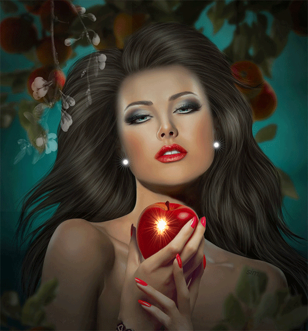 Анимация Девушка с лучистым яблоком в руках на фоне распускающейся ветки с цветами, Sima, гифка Девушка с лучистым яблоком в руках на фоне распускающейся ветки с цветами, Sima