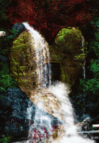 Анимация Горный водопад и голуби, гифка Горный водопад и голуби