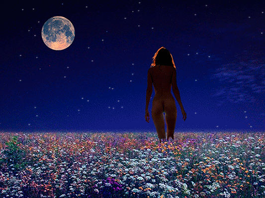 Анимация Обнаженная девушка идет по лугу на фоне ночного неба, гифка Обнаженная девушка идет по лугу на фоне ночного неба