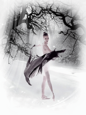 Анимация Балерина кружится в танце с черной прозрачной тканью в руках на фоне зимнего леса, гифка Балерина кружится в танце с черной прозрачной тканью в руках на фоне зимнего леса