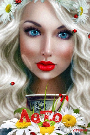 Анимация Девушка блондинка с ромашками и божьими коровками в волосах / Лето / Орсолана/