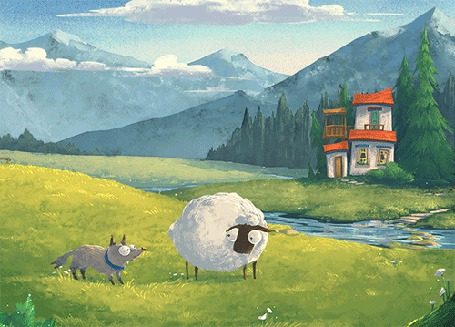 Анимация Пес и овечка играют у реки, by LynnChenArt