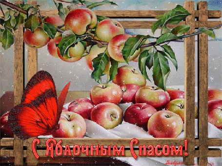 Анимация Яблоки на фоне бабочки / с яблочным спасом / бабуля/