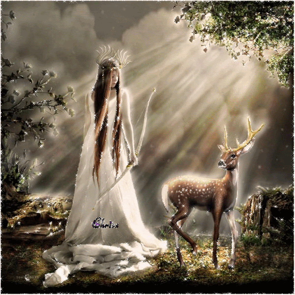 Анимация Девушка с луком стоит рядом с оленем, гифка Девушка с луком стоит рядом с оленем