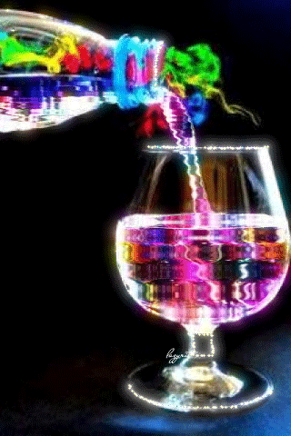 Гиф анимация Цветная вода льется из бутылки в фужер