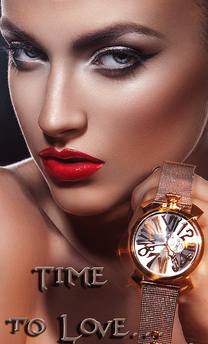Анимация Гламурная девушка держит в руках часы, Time to Love.(Время чтобы любить), гифка Гламурная девушка держит в руках часы, Time to Love.(Время чтобы любить)